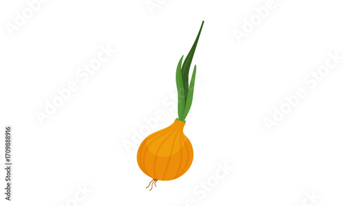 An illustration of a single yellow onion with vibrant green sprouts growing from its top, isolated on a white background.
