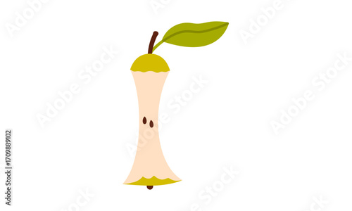 A pale peach-colored apple core with a stem and leaf, showing the eaten portion of the fruit.