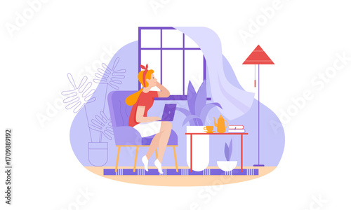 A young woman working on a laptop while looking out a window in a cozy home environment, flat illustration.