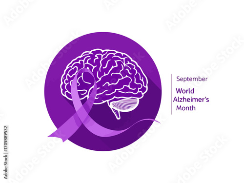 Flat vector design of a purple brain with awareness ribbon and text September World Alzheimer’s Month, perfect for health, medical, and Alzheimer awareness campaigns