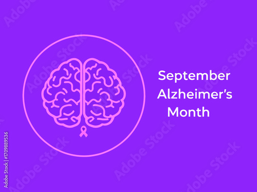 Flat vector design of a purple brain with awareness ribbon and text September World Alzheimer’s Month, perfect for health, medical, and Alzheimer awareness campaigns