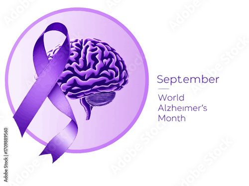 Flat vector design of a purple brain with awareness ribbon and text September World Alzheimer’s Month, perfect for health, medical, and Alzheimer awareness campaigns