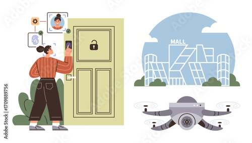 Woman using facial recognition to unlock smart home door, advanced delivery quadcopter in flight, innovative mall design. Ideal for tech, home security, automation, retail, smart cities, innovation
