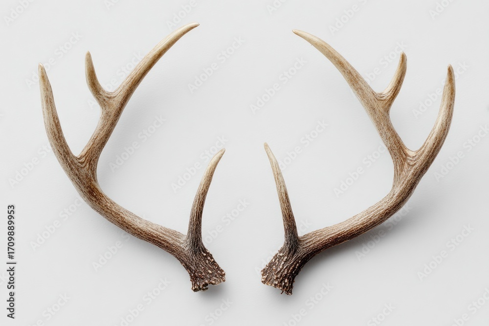 Obraz premium Two deer antlers, light brown, symmetrical, against a white background