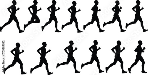 Running stride silhouette sequence, athlete jogging motion phases, sports biomechanics cycle, human locomotion study, fitness training reference, animation running movement illustration