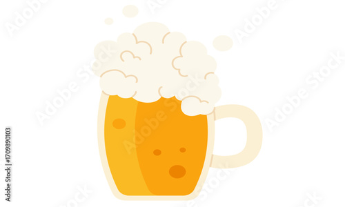 A frothy mug of golden beer with bubbles rising, presented in a simple, clean illustration style.