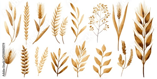 Watercolor botanical illustrations of various golden wheat and leaf-like plants