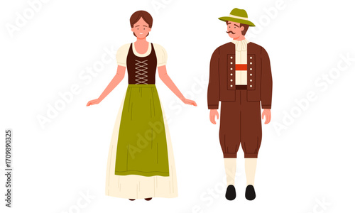 Traditional Bavarian clothing, woman and man in traditional attire.
