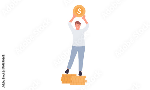 A man standing on stacks of money, holding a large gold coin above his head.