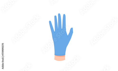 A flat vector illustration of a human hand wearing a blue disposable medical glove against a plain white background.