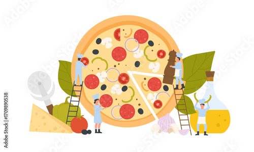 Creative pizza making process illustration Chefs assembling a delicious pizza with fresh ingredients