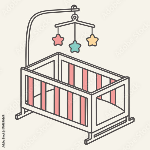 Vector illustration of a child's nursery with a wooden crib, home furniture, and a fence