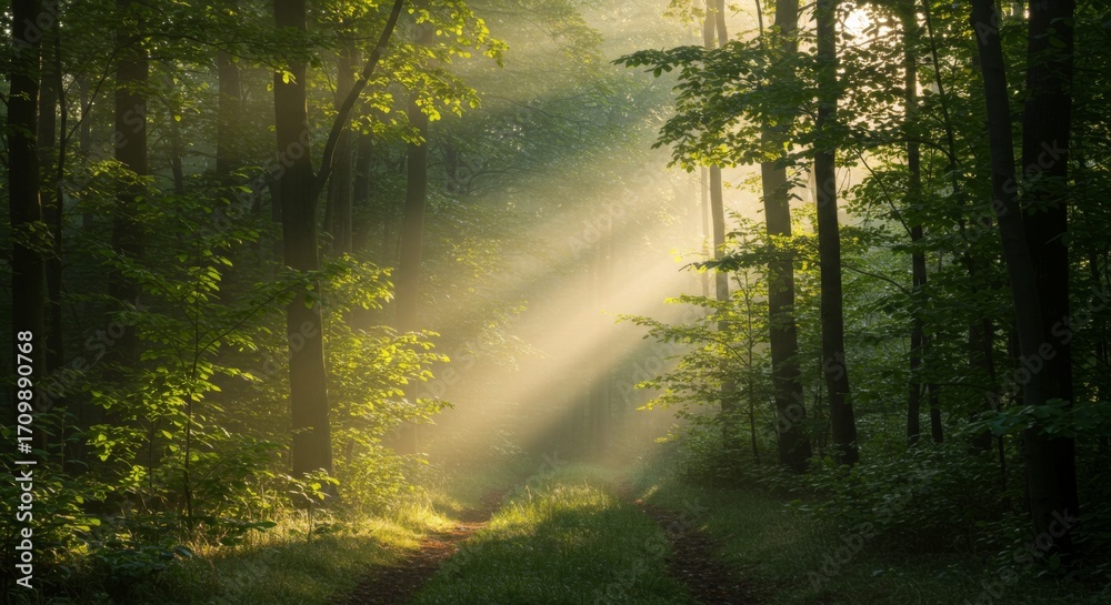 Obraz premium Sunbeams Illuminate Misty Forest Path