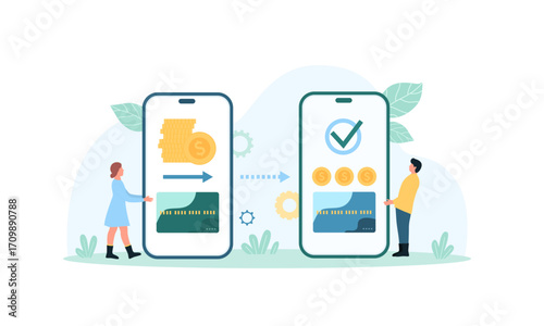 Concept of mobile money transfer with people sending and receiving funds using smartphone banking applications.