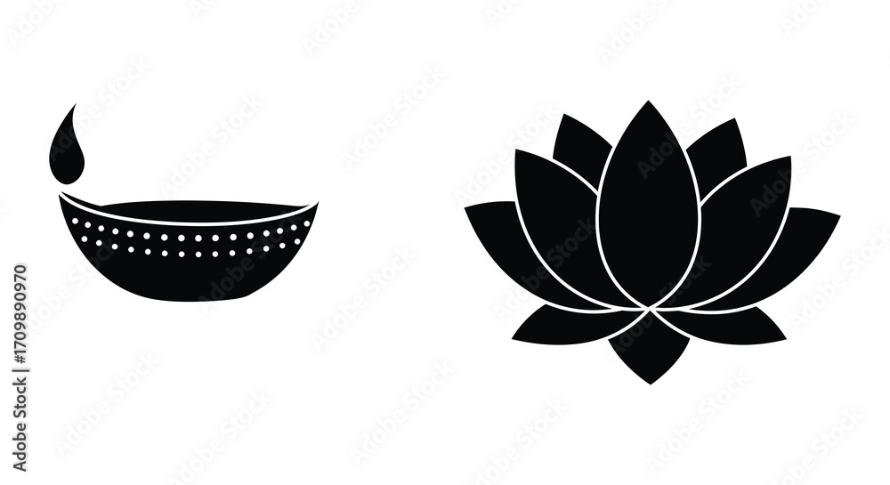 Εκτύπωση καμβά Simple black and white illustration of a diya lamp and lotus flower