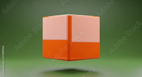 Orange and Peach Colored Cube Isolated on Green | Abstract Geometric 3D Shape for Logo Mockups and Modern Design Backgrounds