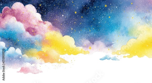 Watercolor night sky with fluffy clouds