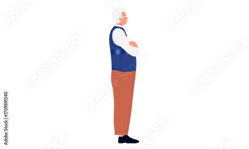 Side profile of a senior man with arms crossed, standing.