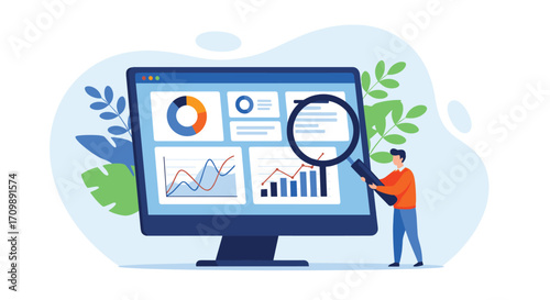 Tiny person examines digital analytics dashboard on computer screen magnifying data insight for business growth