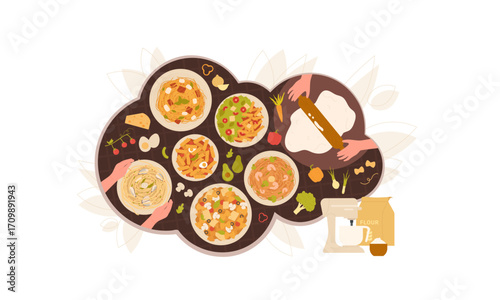 Overhead view of people preparing various types of pizzas with different toppings.