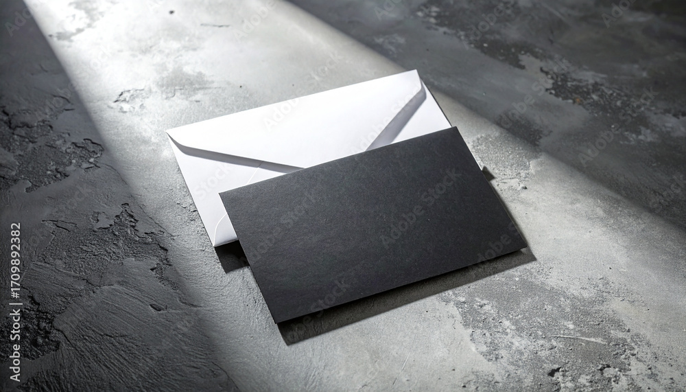 Fototapeta premium Blank matte black card with white envelope on textured concrete surface. Modern stationery mockup