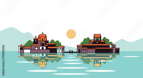 Picturesque Island Churches Reflecting in Calm Water
