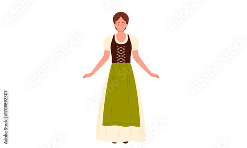 Woman in traditional Bavarian Dirndl dress, light beige top, dark brown bodice, and lime green apron.