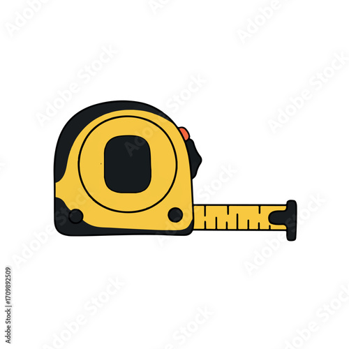 Yellow tape measure with black casing and extended measuring tape.
