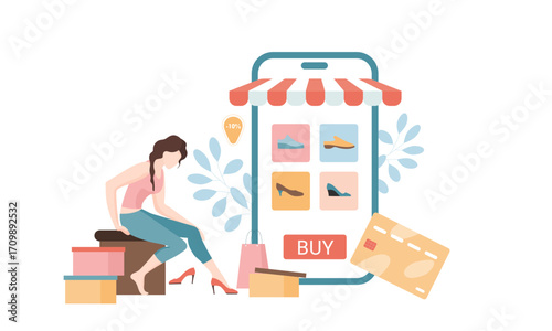 Woman shopping for shoes online on a smartphone, surrounded by shoe boxes and bags.