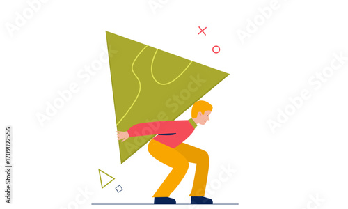 A man in a red shirt struggles to carry a large, heavy green triangle, symbolizing a significant burden or challenge.
