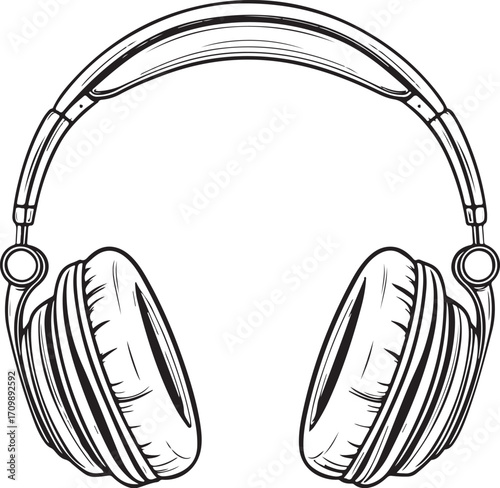 Headphones for Music, Audio, Sound, Podcast Vector Illustration, Sketch Drawing Line Linear Symbol Icon Engraving Coloring Book, Hand-drawn Doodle Black and White Isolated
