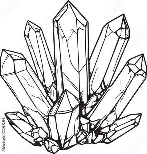 Crystals or Crystal Cluster of Quartz Natural Stones Healing Chakra Vector Illustration, Sketch Drawing Line Linear Symbol Icon Engraving Coloring Book, Hand-drawn Doodle Black and White Isolated