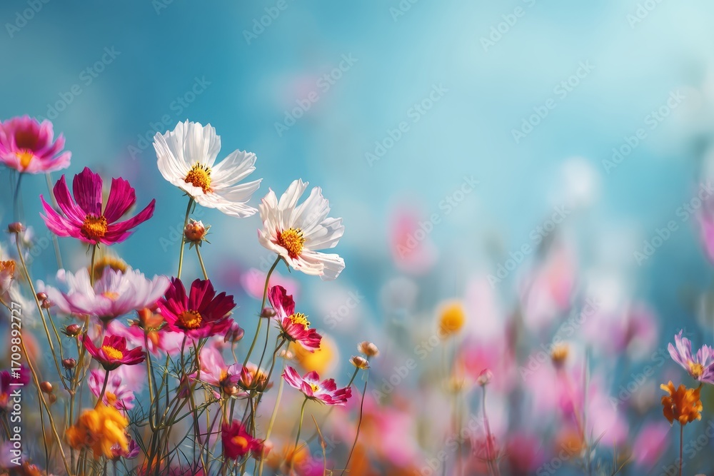 Fototapeta premium Colorful flower meadow filled with blooming petals under sunbeams on a clear blue sky during a bright spring day