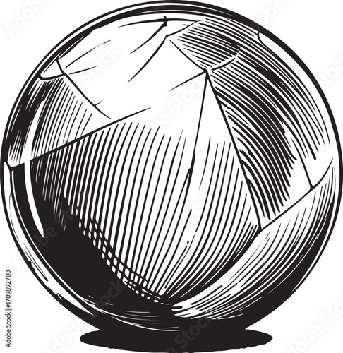 Round Sphere Crystal Ball Vector Illustration, Sketch Drawing Line Linear Symbol Icon Engraving Coloring Book, Hand-drawn Doodle Black and White Isolated