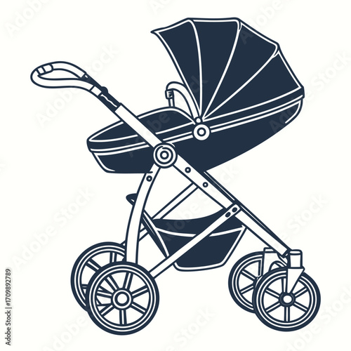 Isolated vector illustration of a vintage child's bicycle and retro baby carriage with wheels on a white background