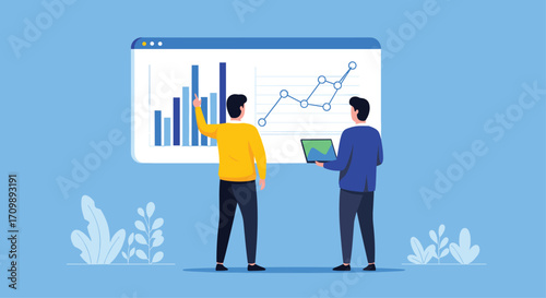 Two businessmen analyzing financial charts data on large screen business meeting corporate finance growth strategy