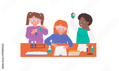 Three young students in a science lab, wearing safety glasses, conducting experiments with beakers and test tubes.