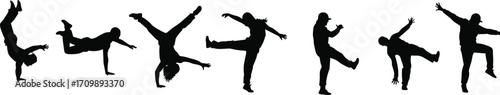 Silhouettes of Breakdancers in Action – Street Dance Poses, Hip Hop Freestyle, Urban Expression, Acrobatics, Motion, and Dynamic Movement
