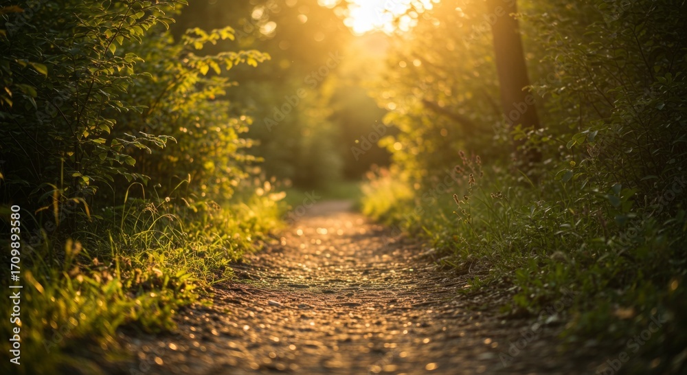 Obraz premium Sunlit Forest Path at Sunset