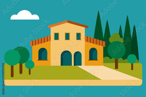 Flat design illustration of a charming yellow house with arched doorways and windows surrounded by trees and a blue sky