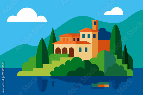 Vibrant flat design villa on a lakeside hill with mountains and clouds