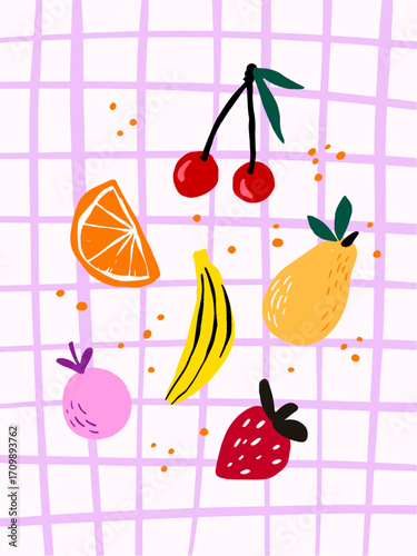 A vibrant illustration features an assortment of fruits including cherries, orange, banana, and strawberry scattered on a pink grid background, showcasing a playful design.