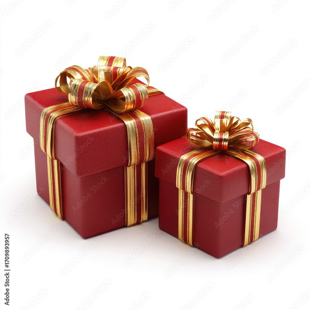 Fototapeta premium Two red gift boxes, one large and one small, are adorned with gold ribbons and bows, positioned against a white background