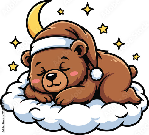 Cute Cartoon Bear Sleeping Peacefully on a Cloud with Moon and Stars