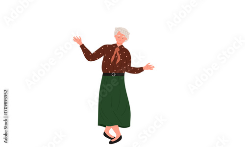 Full body illustration of a happy elderly woman with short grey hair dancing joyfully in a brown polka-dot blouse and green skirt.