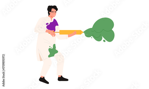 Man celebrating Holi with pichkari, shooting green color.