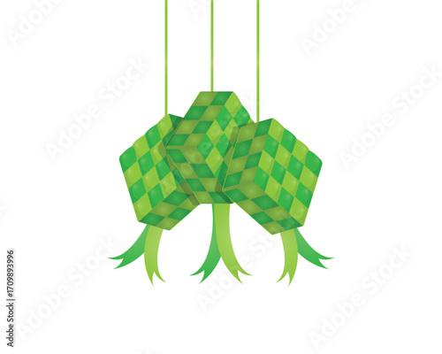Vector design of three ketupat made from woven green coconut leaves and filled with rice, generally eaten during Eid al-Fitr celebrations.