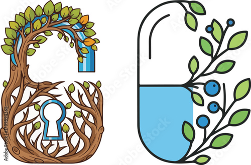 Organic Health and Environmental Concepts with Natural Lock and Herbal Capsule Illustrations