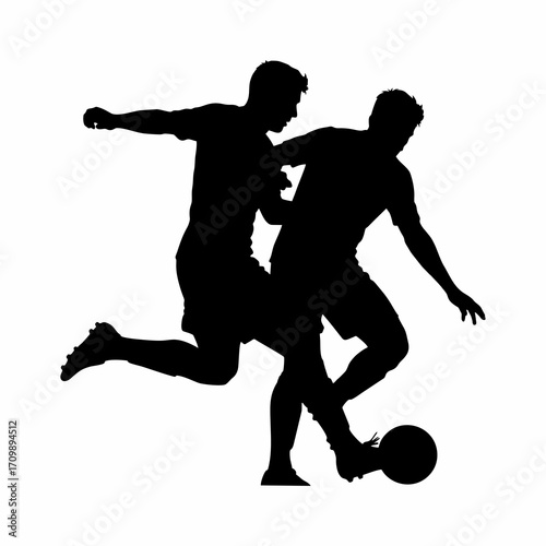 silhouette of two soccer players fighting for the ball
