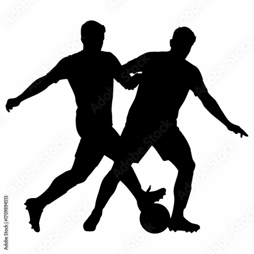 silhouette of two soccer players fighting for the ball